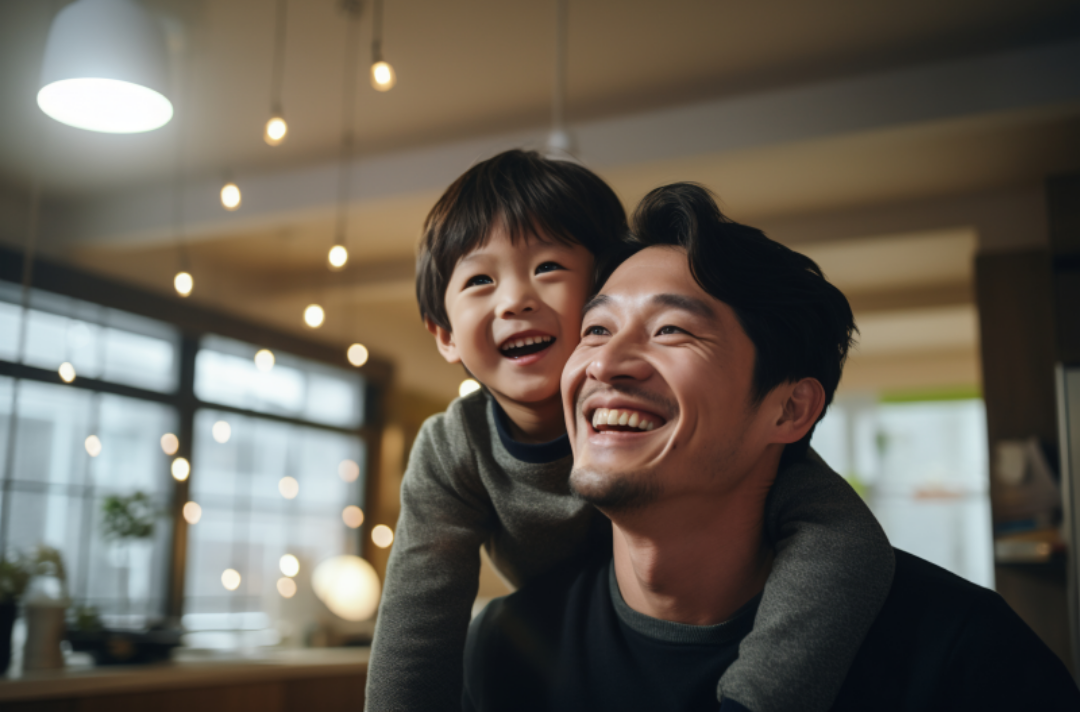 아빠와 아들이 밝게 웃고 있다.