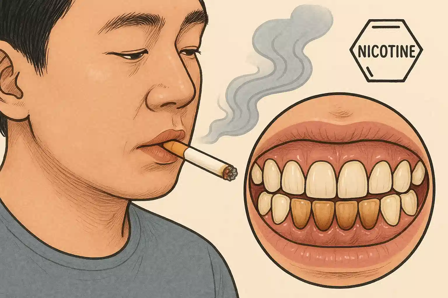 흡연자의 아랫니 앞쪽 잇몸이 갈색으로 변색된 모습