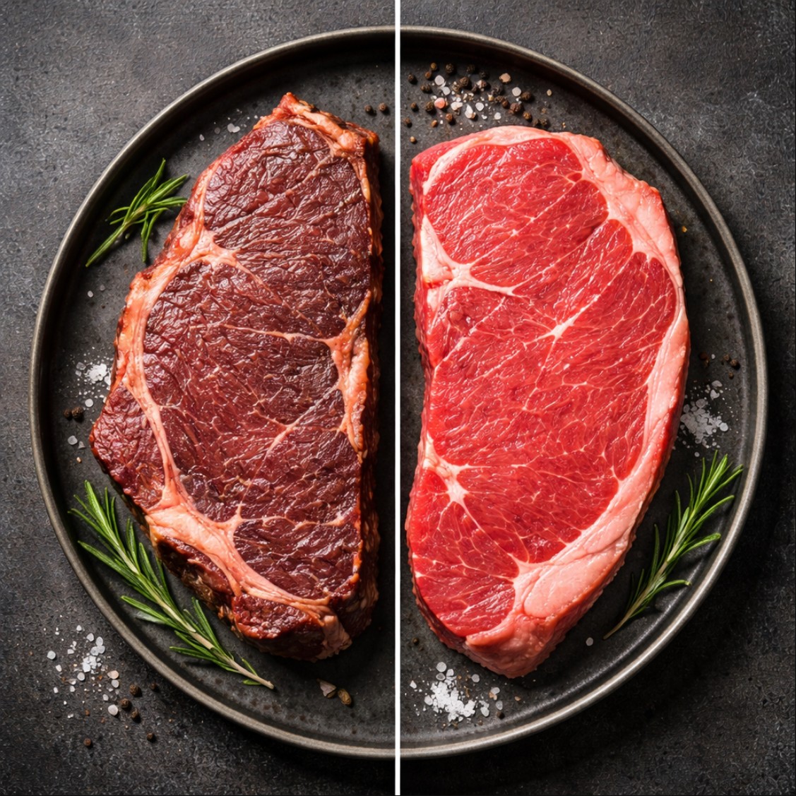 숙성 고기와 비숙성 고기의 표면과 색감 차이를 비교한 이미지