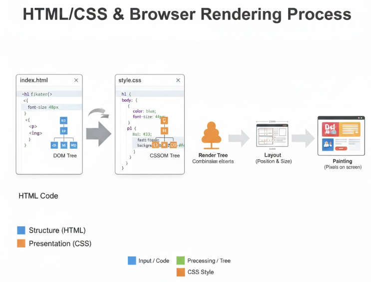 HTML 파싱으로 DOM 트리를, CSS 파싱으로 CSSOM 트리를 생성하고, 이 둘이 합쳐져 렌더 트리가 되는 과정을 명확하게 보여주는 다이어그램