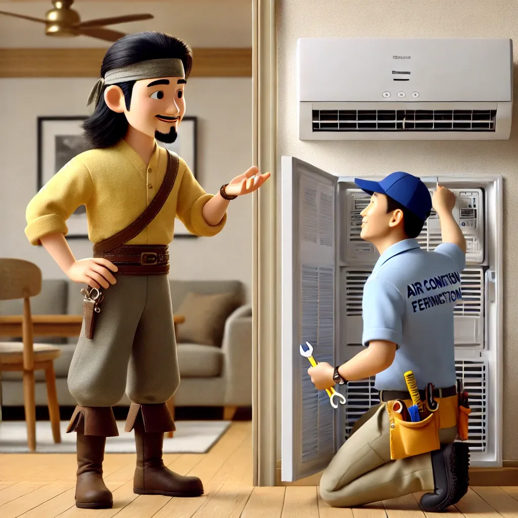 3D 스타일의 중년 한국 남성 캐릭터가 도어형 에어컨을 점검 중인 에어컨 기사와 함께 있는 모습