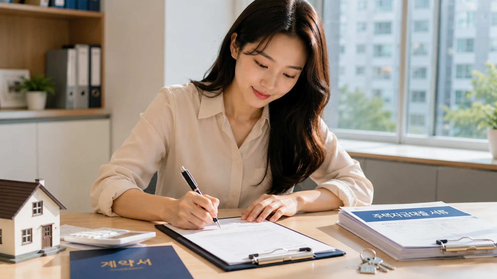 청년주택드림 디딤돌대출 신청을 위해 계약서를 작성하며 내 집 마련을 준비하는 젊은 여성 모습