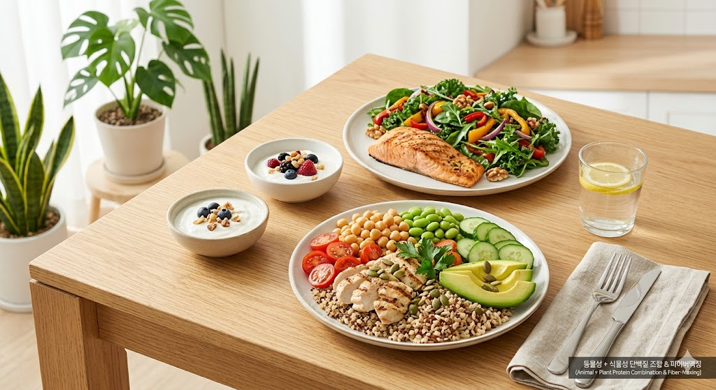 동물성 vs 식물성 (단백질조합, 파이버맥싱, 효과비교)