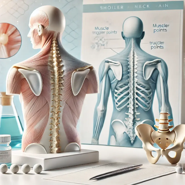 목디스크와 근막통증증후군을 구분하는 해부학 모형과 트리거포인트 다이어그램