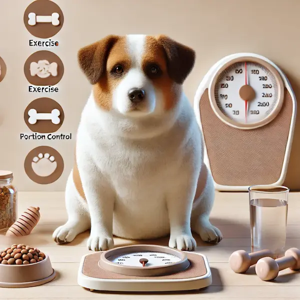 과체중 강아지가 식사 그릇과 체중계 옆에 앉아 체중 조절 전략을 나타내는 이미지