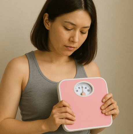 위고비 원리를 알고 저울을 들고 고민하는 여자