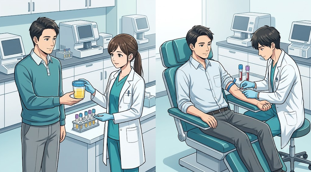 요로 이상 및 신장기능, 혈당 상태를 확인하기 위한 소변검사 및 정맥 채혈 혈액검사 장면 일러스트