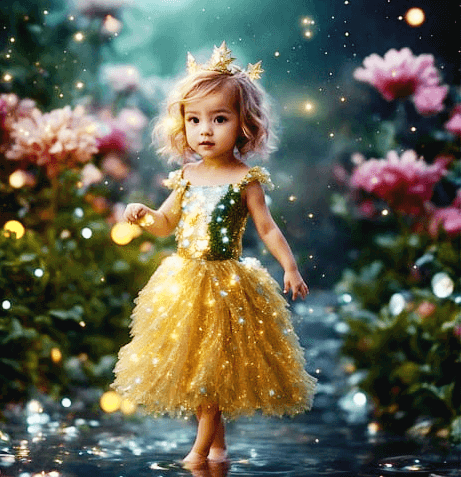 황금색 드레스를 입은 금발의 단발 곱슬머리 여아가 서 있다. 황금 왕관을 썼고 매우 큰 눈을 가졌다.