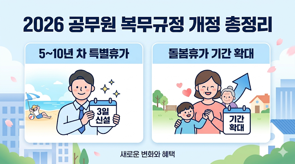 2026 공무원 복무규정 개정: 5~10년 차 특별휴가 3일 신설 및 돌봄휴가 기간 확대 총정리