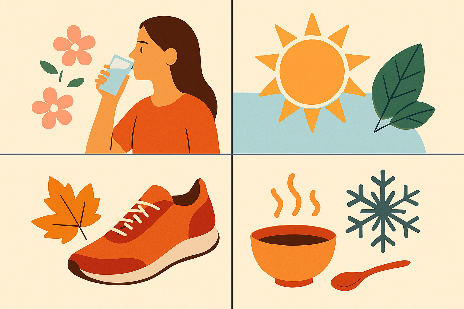 계절별 건강 습관을 상징하는 그래픽 이미지 따뜻한 차와 물을 시는 사람의 일러스트가 봄 여름 가을을 각각 상징하는 아이콘과 함께 구성된 장면