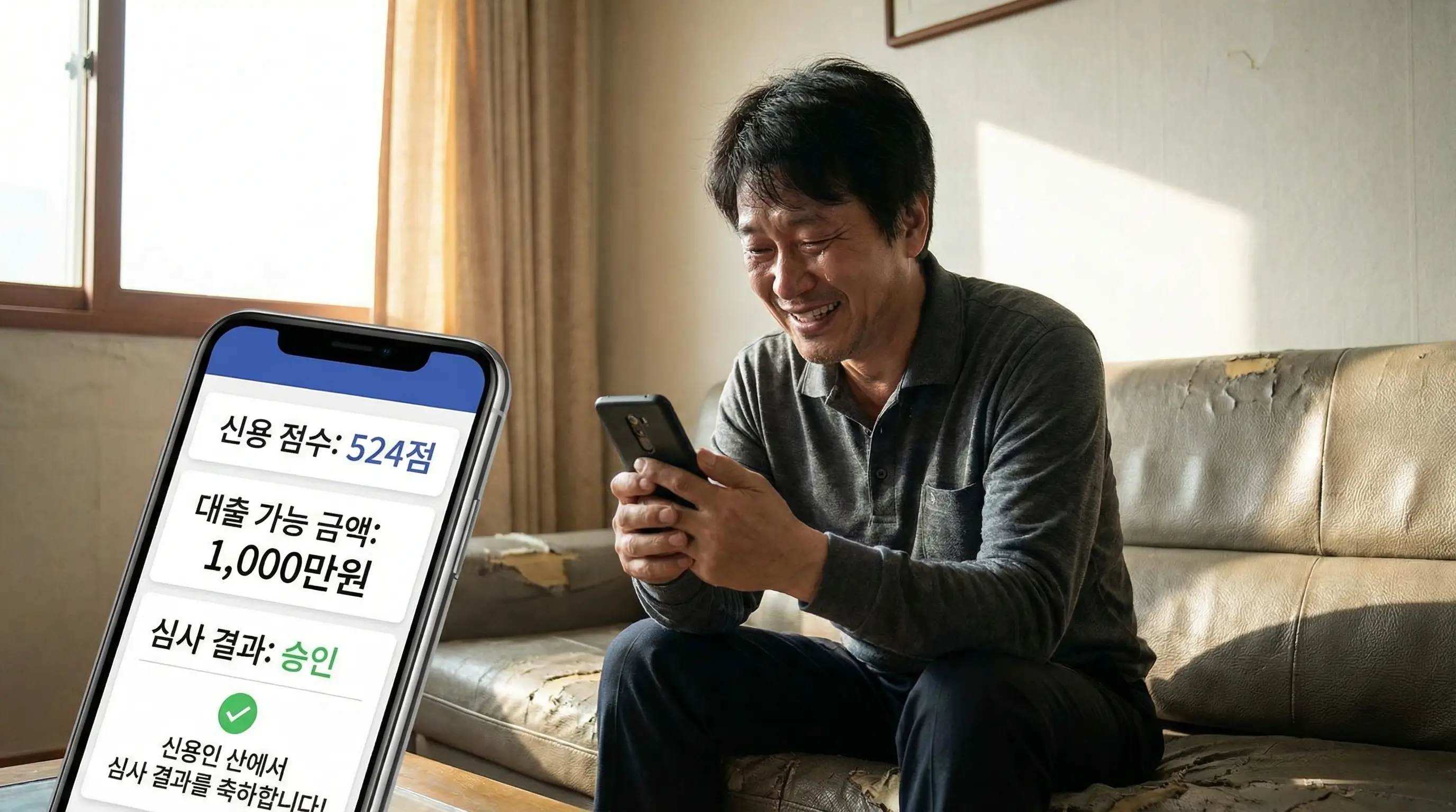 신용 점수가 500점대인 사용자가 스마트폰으로 대출 가능 여부를 조회하고 승인 메시지를 확인하는 모습