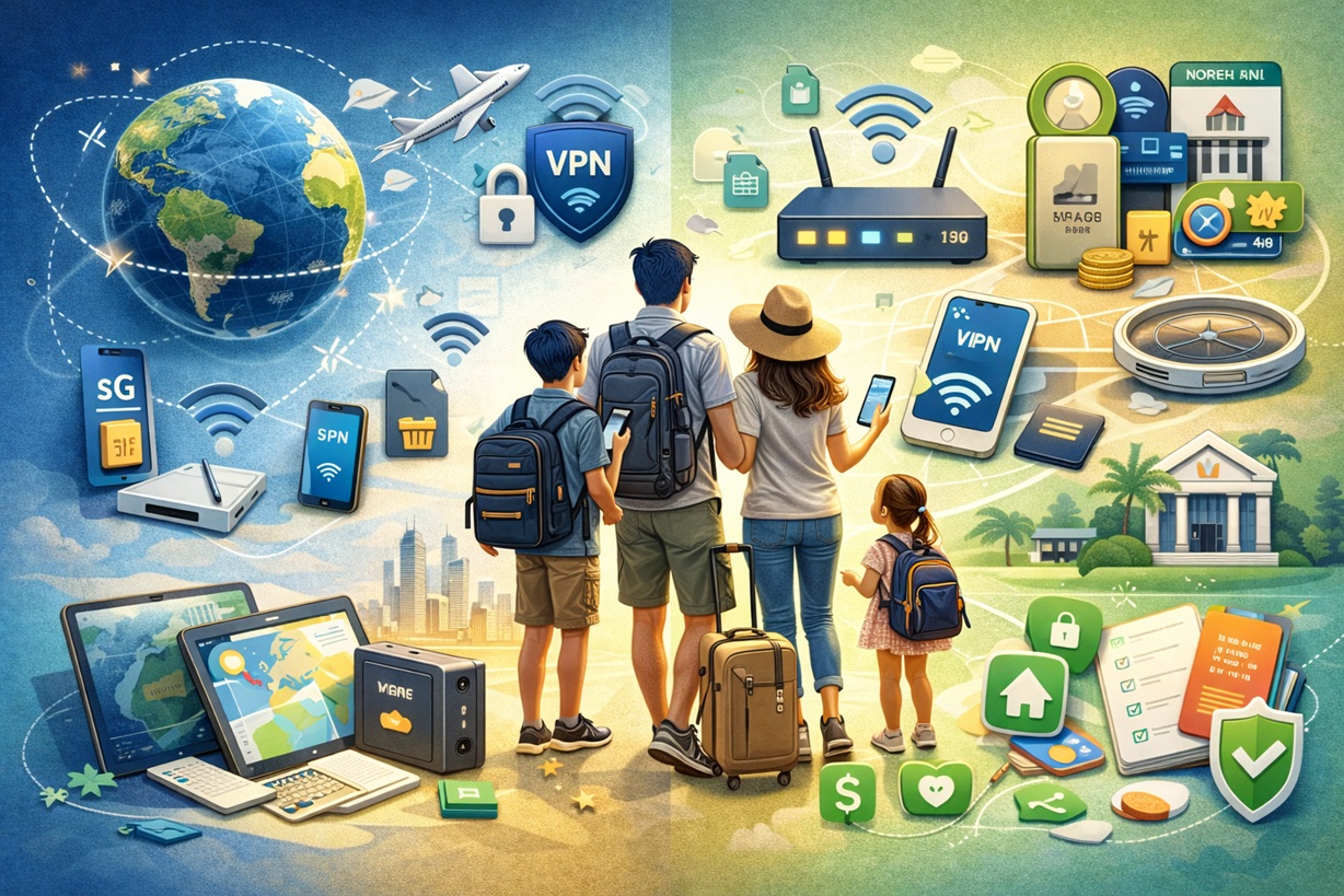 여행 중 스마트폰과 라우터, VPN 보안 아이콘으로 eSIM과 현지 유심, 핫스팟 백업을 표현한 가족 디지털 노마드 통신 인프라 일러스트