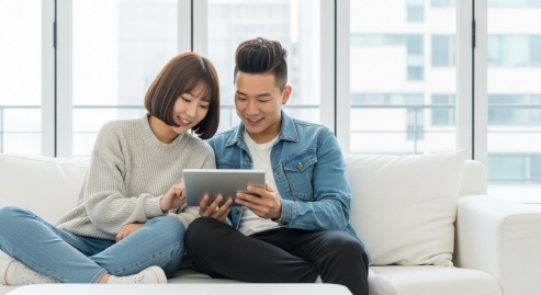 커플이 태블릿으로 숙박 사이트를 함께 보는 모습&amp;#44; 실내&amp;#44; 밝은 배경