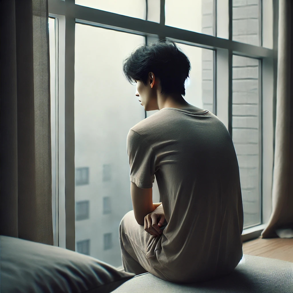 집에서 혼자 창밖을 바라보며 외로움을 느끼는 사람의 뒷모습 (감성적이고 외로운 분위기)