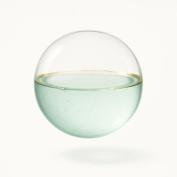 절제된 민트빛 액체가 담긴 투명 유리볼의 정적 장면