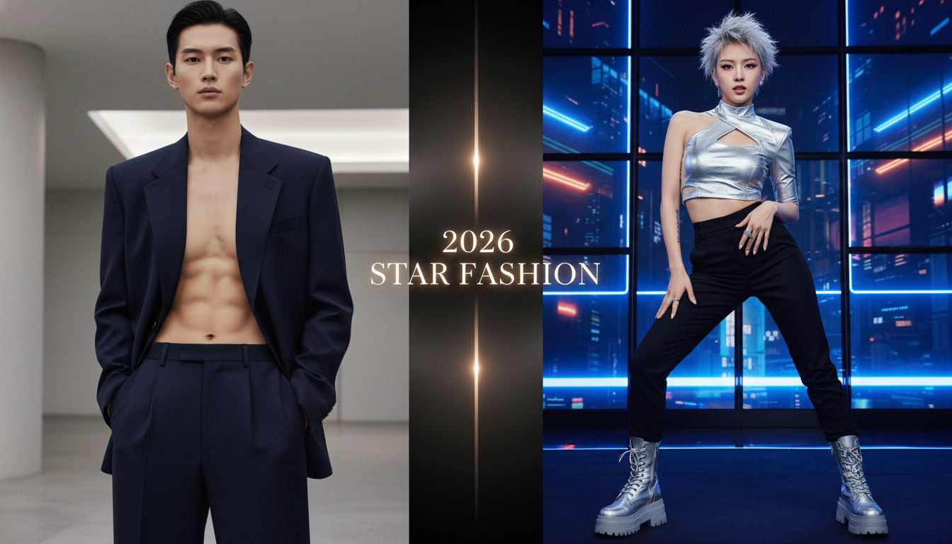완벽한 수트핏을 자랑하는 남성 모델과 트렌디한 메탈릭 컷아웃 탑을 입은 여성 팝스타의 2026년 패션 화보 이미지