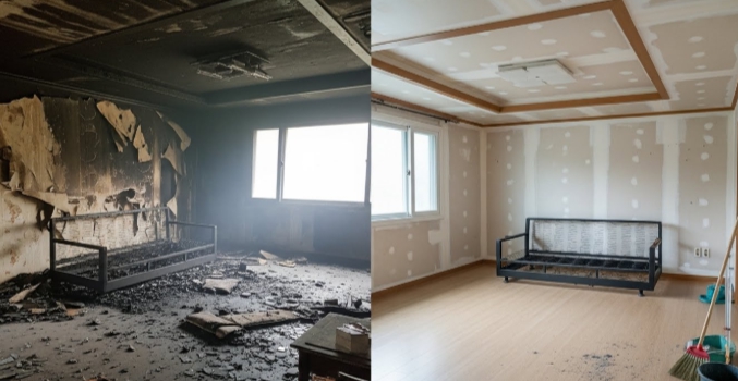 주택 화재 청소중
