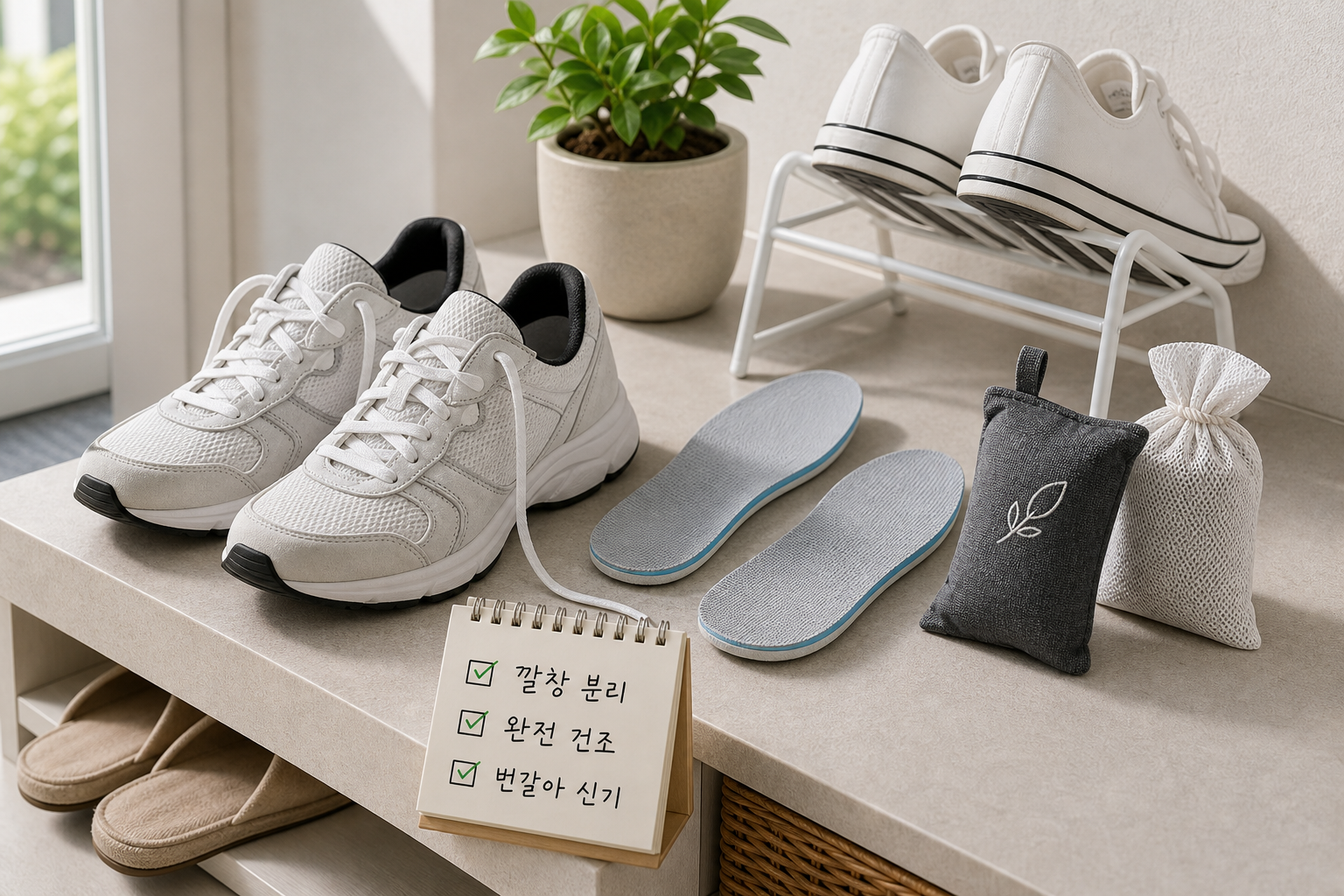 깔창을 뺀 운동화와 탈취 주머니를 현관에서 말리는 장면
