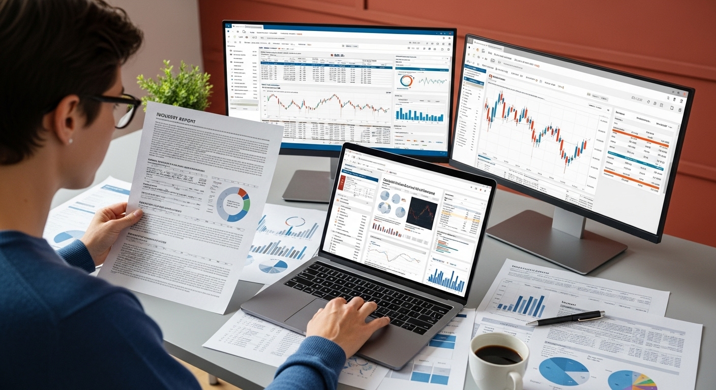 다양한 재무제표와 시장 분석 자료를 꼼꼼히 살펴보는 투자자의 모습