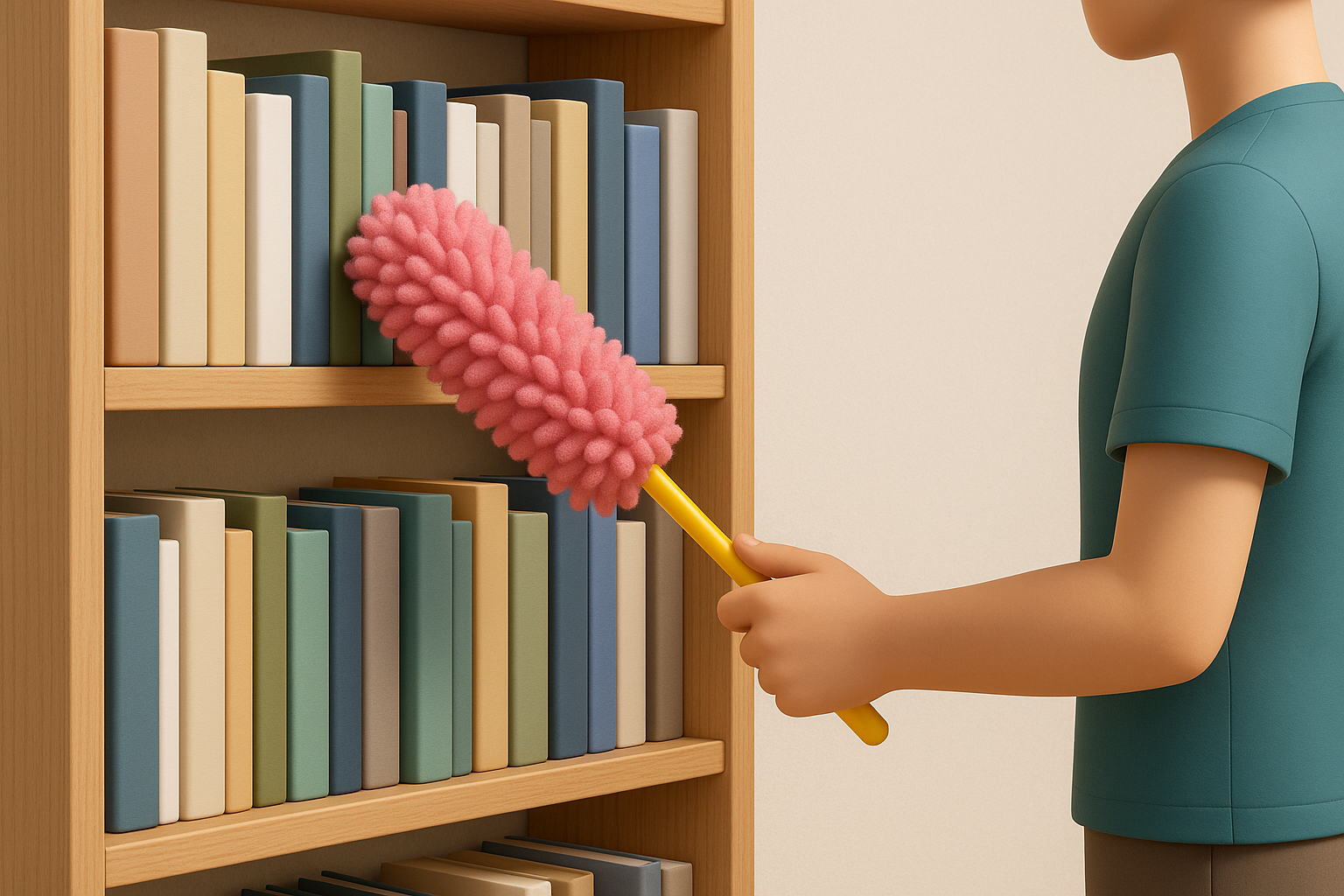 책이 가득한 책장과 이 곳을 청소하는 사람의 모습을 표현한 그림