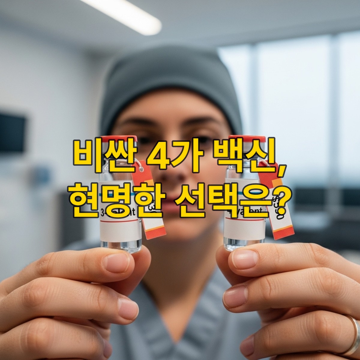 3가 백신과 4가 백신 주사기를 비교하며 고민하는 사람의 모습