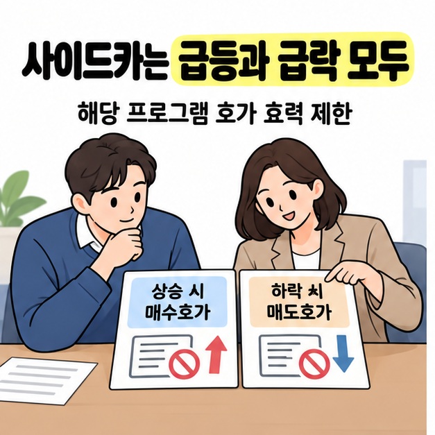 사이드카는 급등과 급락 모두라는 안내 아래 두 사람이 상승 시 매수호가와 하락 시 매도호가 카드를 살펴보는 모습