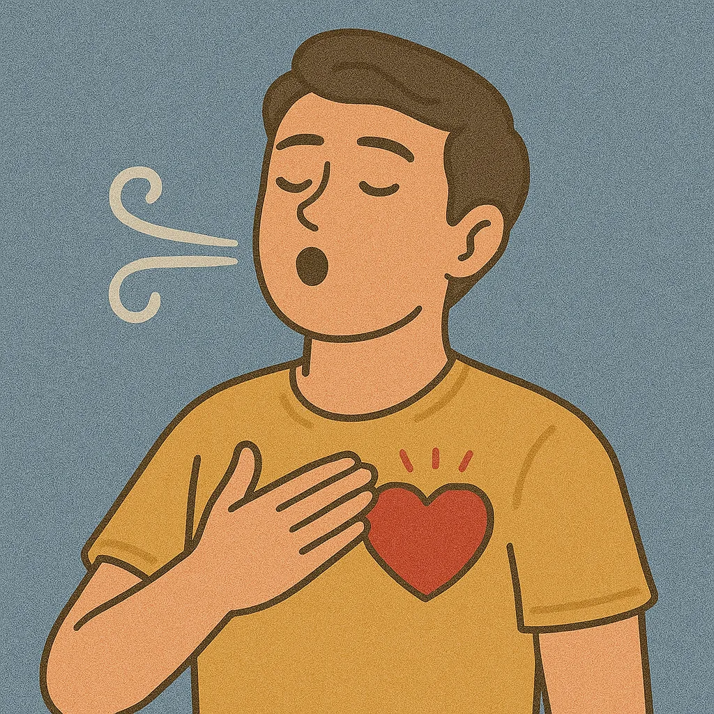 가슴에-손을-얹고-눈을-감은-채-깊게-숨을-들이마시며-심장-두근거림을-가라앉히는-남성-평온한-표정과-숨결-강조