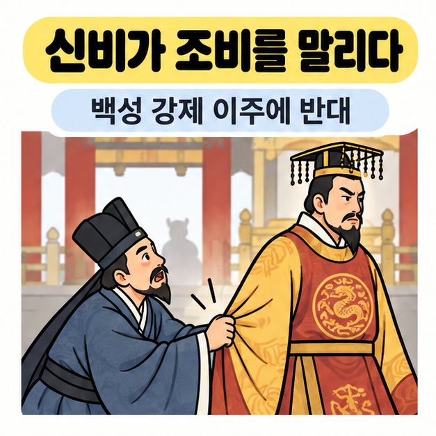 위나라 신비가 조비의 백성 강제 이주 정책을 반대하며 옷자락을 붙잡고 간언한 고사를 표현한 카드