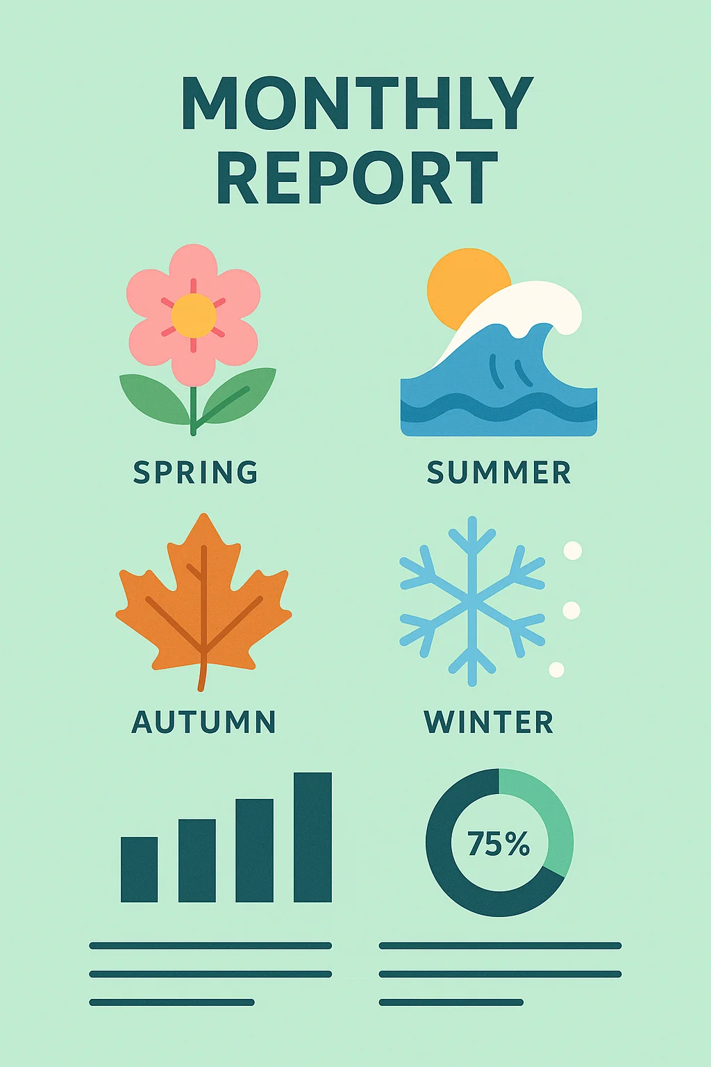 신선한 민트 컬러 배경에 단순하고 직관적인 플랫 일러스트, 계절감이 느껴지는 자연 요소(봄꽃, 여름 파도, 가을 낙엽, 겨울 눈), 인포그래픽 느낌의 월간 보고서 디자인