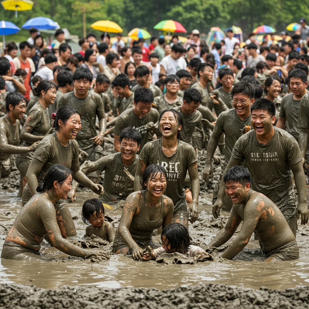 보령머드축제에서 사람들이 진흙 속에서 웃고 즐기는 역동적인 장면