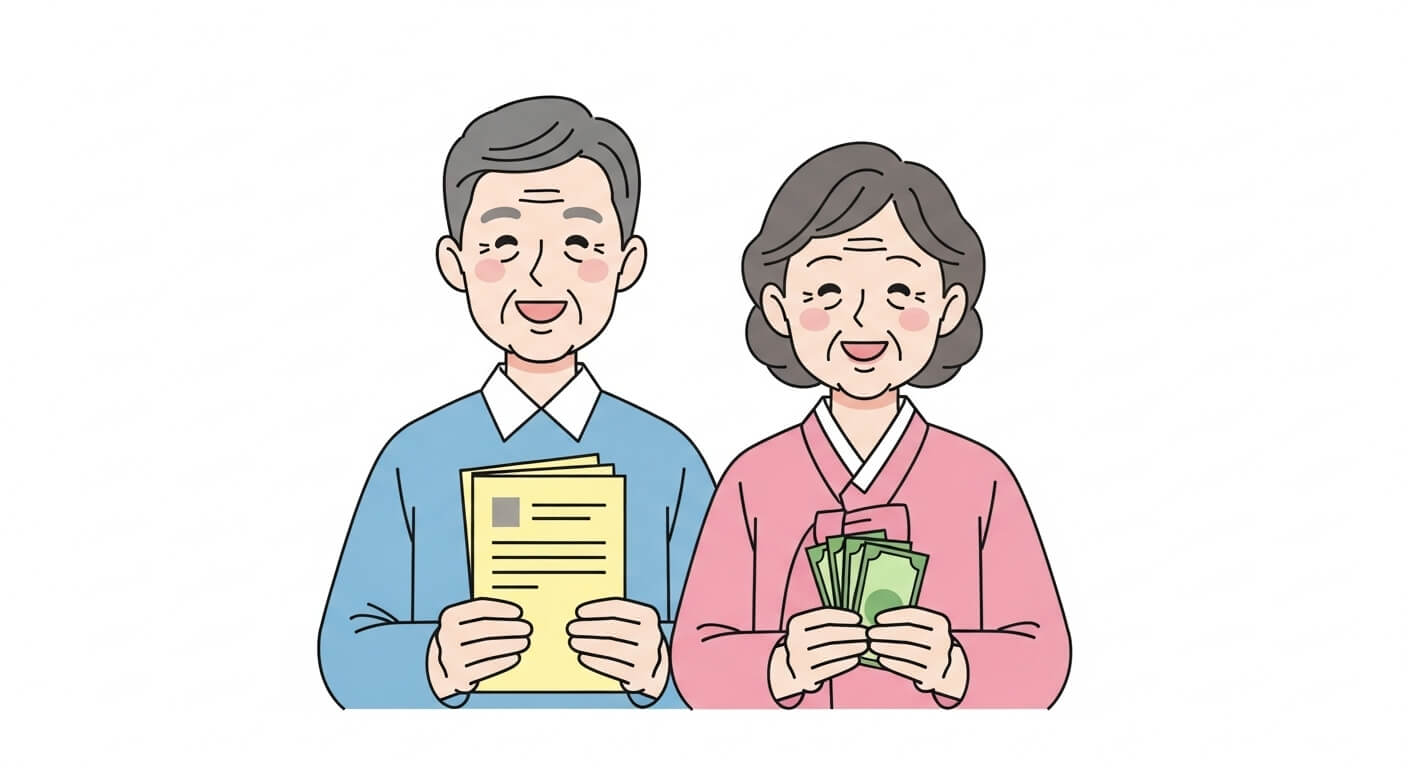 기초연금 수급 확정 후 서류와 현금을 들고 기뻐하는 노부부의 모습 3