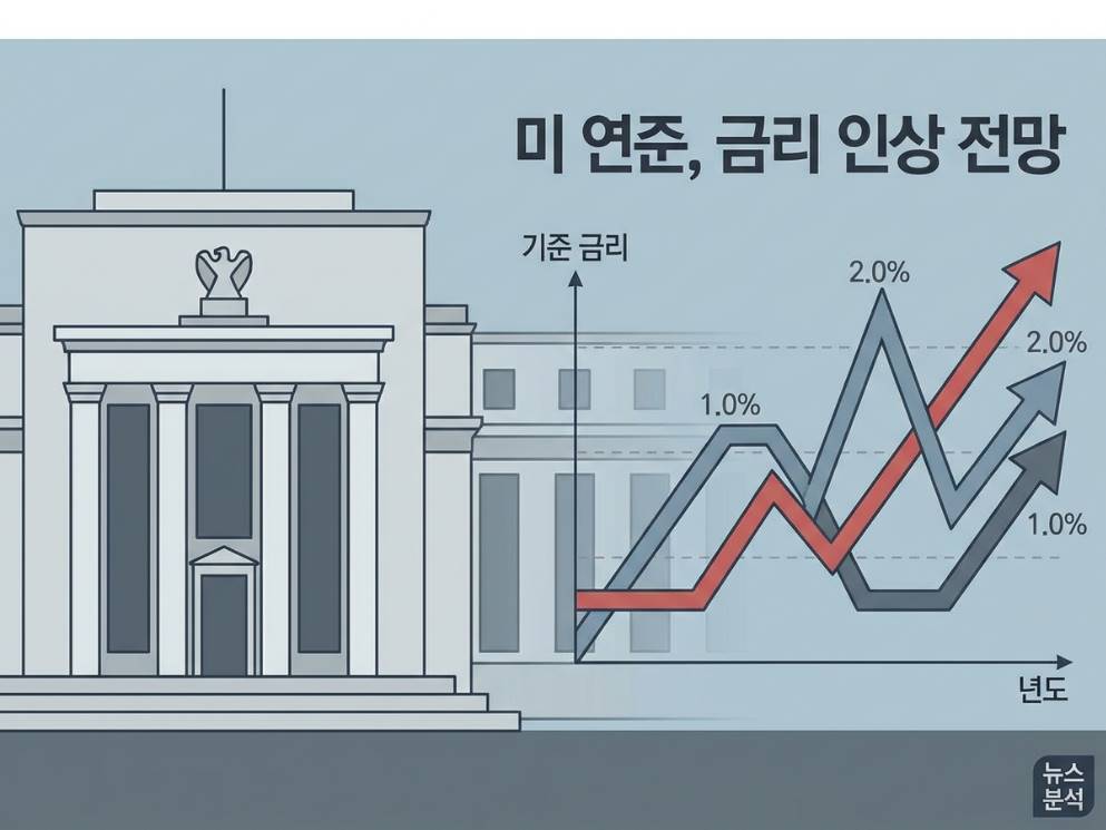 미국 연준 건물과 금리 그래프가 함께 보이는 경제 뉴스 스타일 일러스트