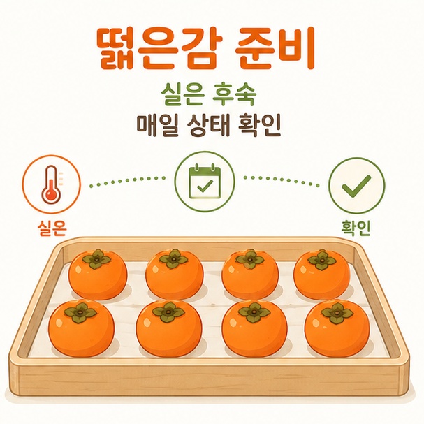 떫은감을 실온에 두고 매일 상태를 확인하며 자연 후숙하는 과정을 설명한 이미지