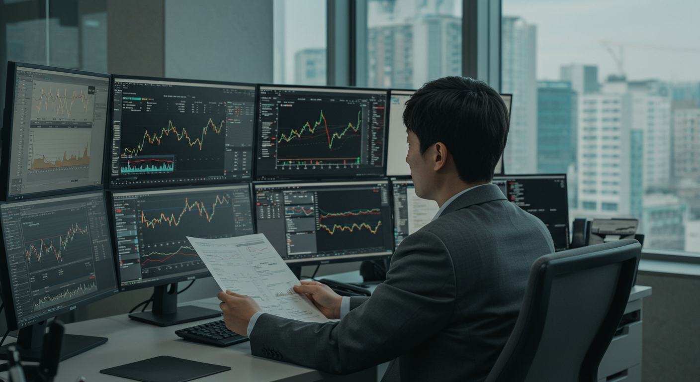 증권사 리포트를 분석하며 주식 투자 전략을 세우는 한국 주식 투자자의 사무실 모습