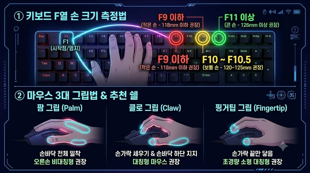 게이밍 마우스 손 크기 키보드 F열 측정법 및 팜 클로 핑거팁 그립법 비교