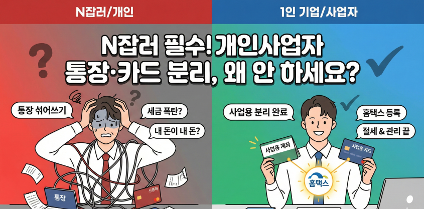 N잡러 개인사업자 통장 및 카드 분리 필요성 비교 인포그래픽. 통장 섞어쓰기로 인한 세금 폭탄 위험과 사업용 계좌 홈택스 등록을 통한 절세 및 관리 편의성 설명
