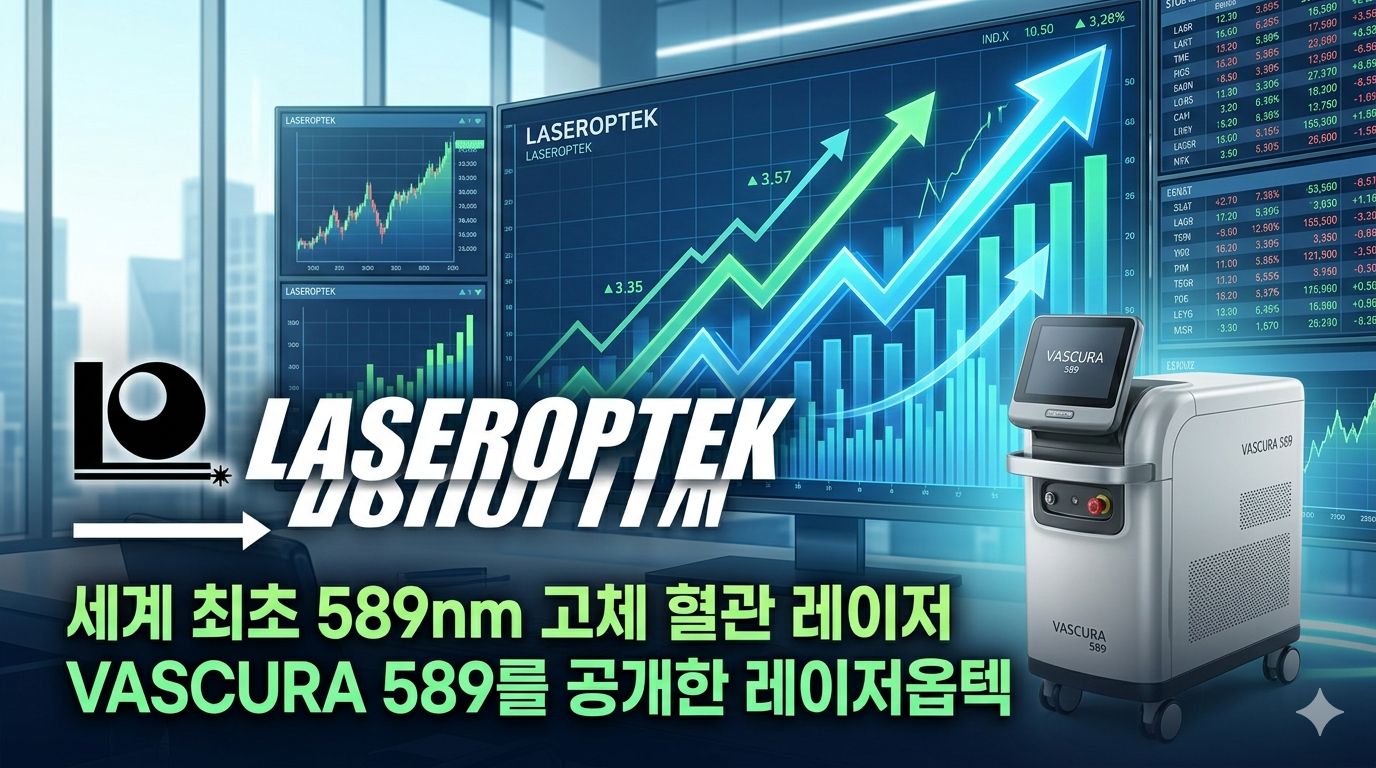 "세계 최초 589nm 고체 혈관 레이저 VASCURA 589를 공개한 레이저옵텍 로고와 주가 상승 그래프 배경 이미지"