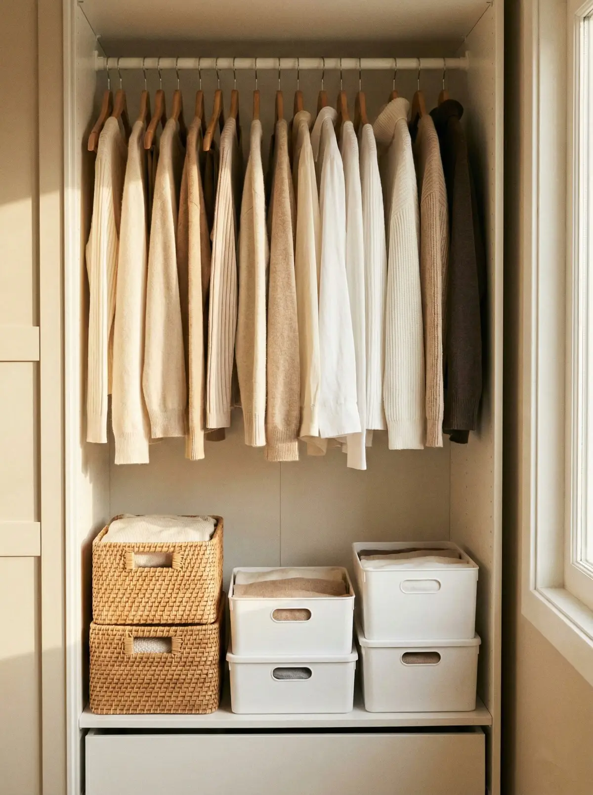 깔끔하게 정리된 미니멀한 옷장과 여유로운 공간의 모습