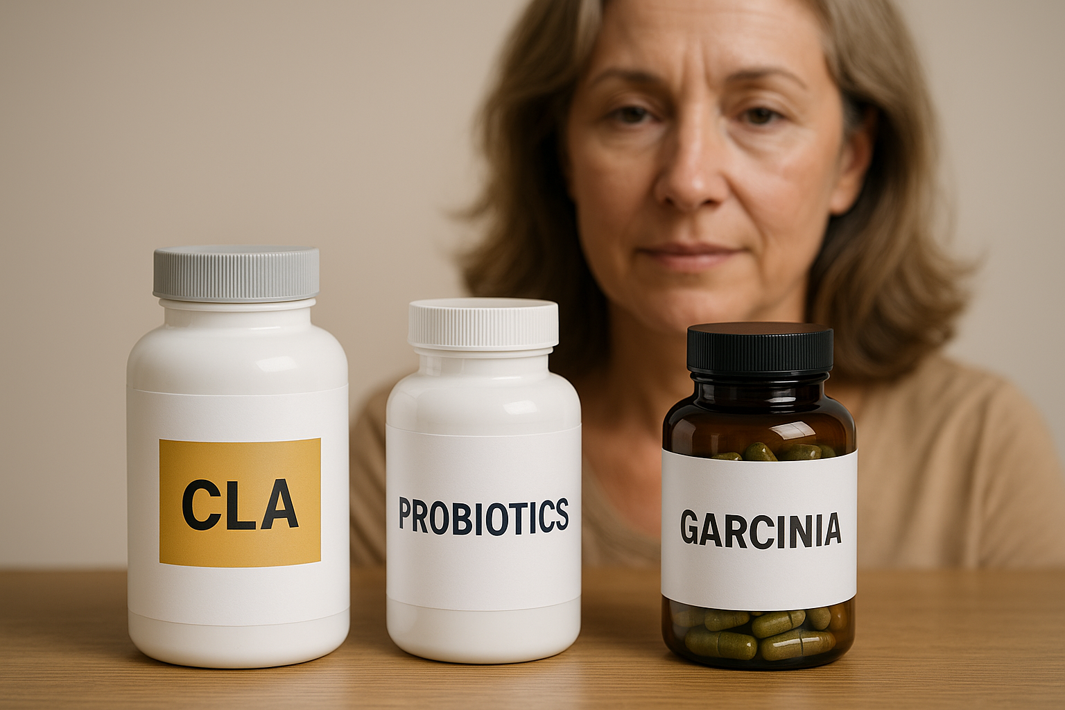 테이블 위에 CLA, PROBIOTICS, GARCINIA 보조제를 나란히 배치한 모습