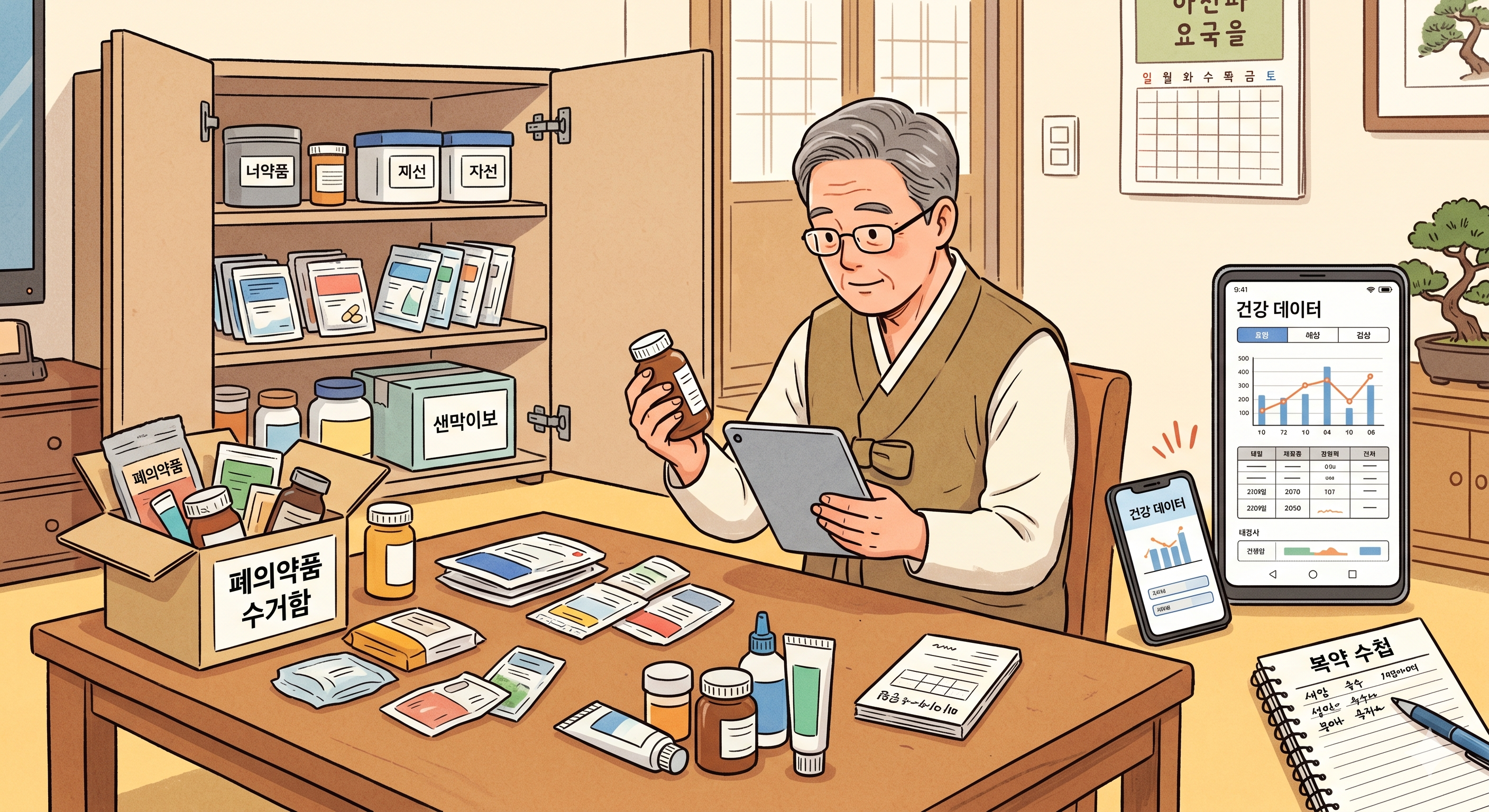 약상자를 정리하며 태블릿으로 건강 데이터를 관리하는 모습