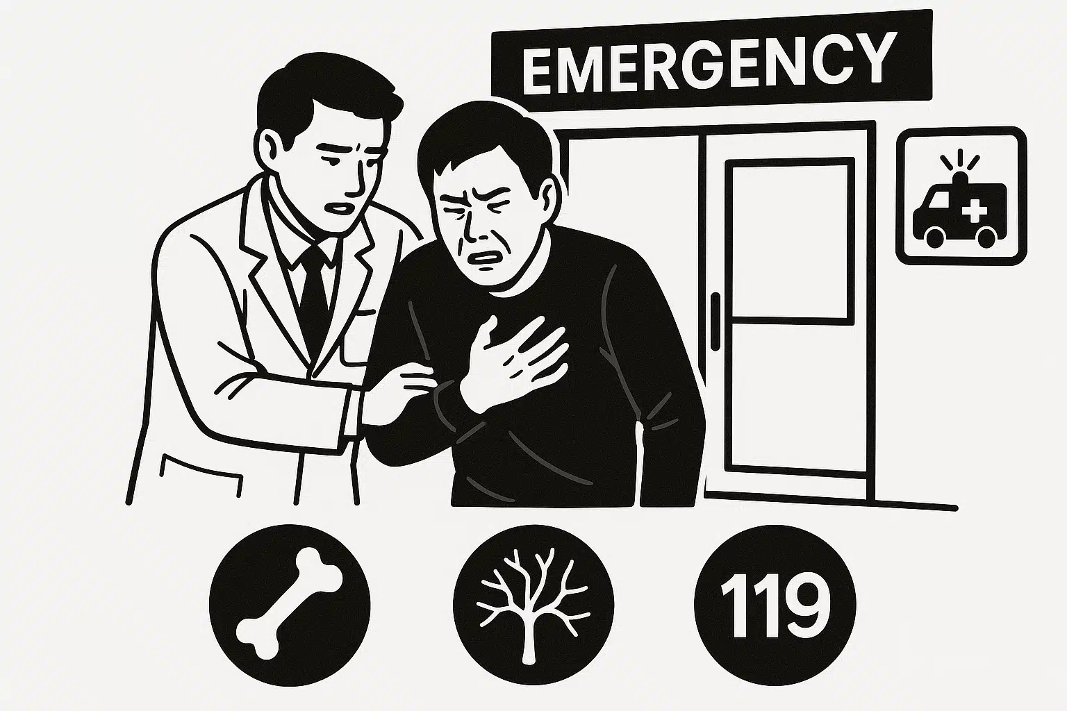 응급실 입구에서 가슴을 움켜쥔 환자를 부축하는 장면, 정형외과(뼈), 통증의학과(신경), 응급의학과(119)