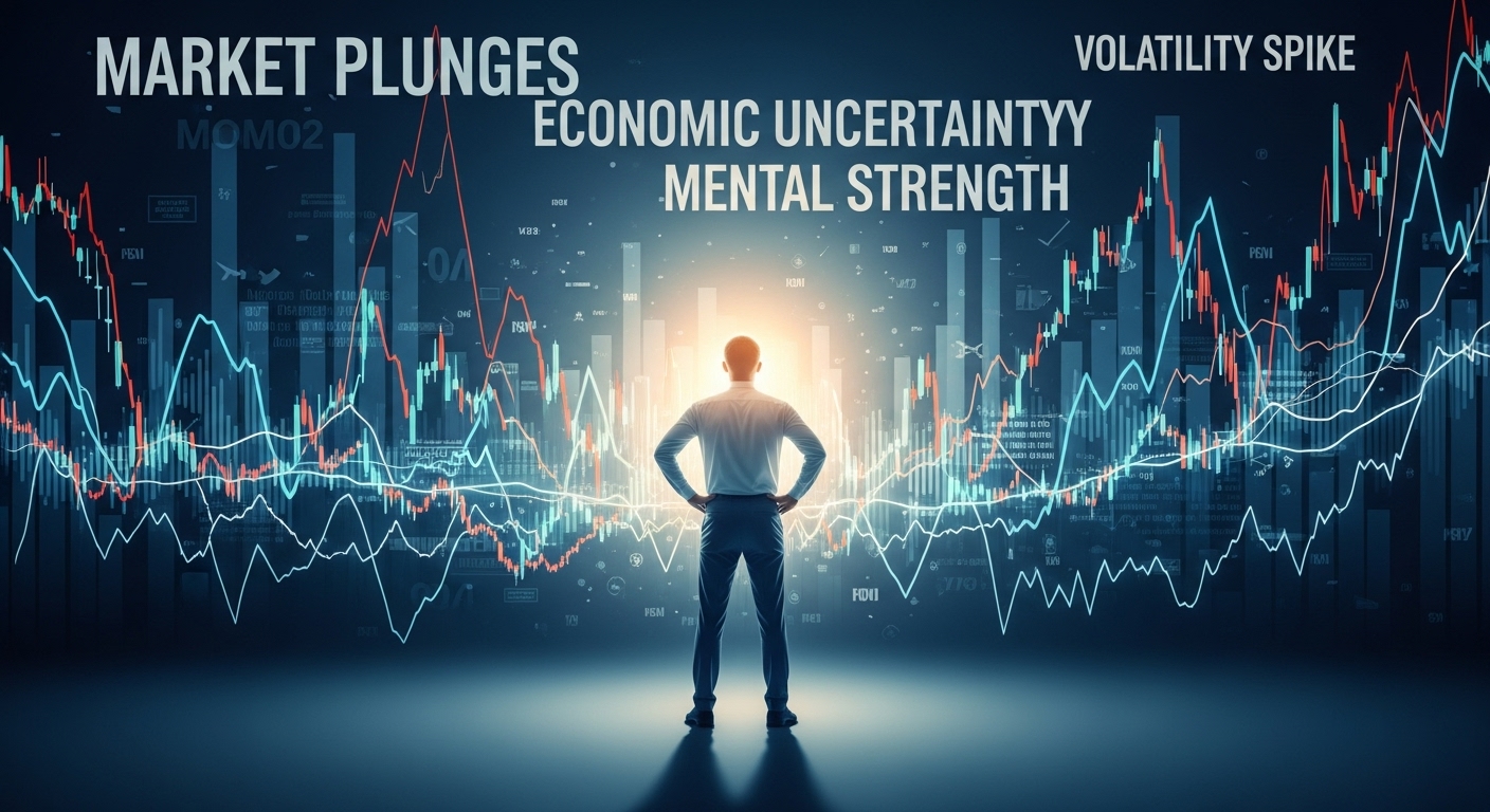 혼란스러운 주식 시장 차트 속에서도 흔들림 없이 침착하게 원칙을 지키는 투자자의 모습, 강한 멘탈을 상징