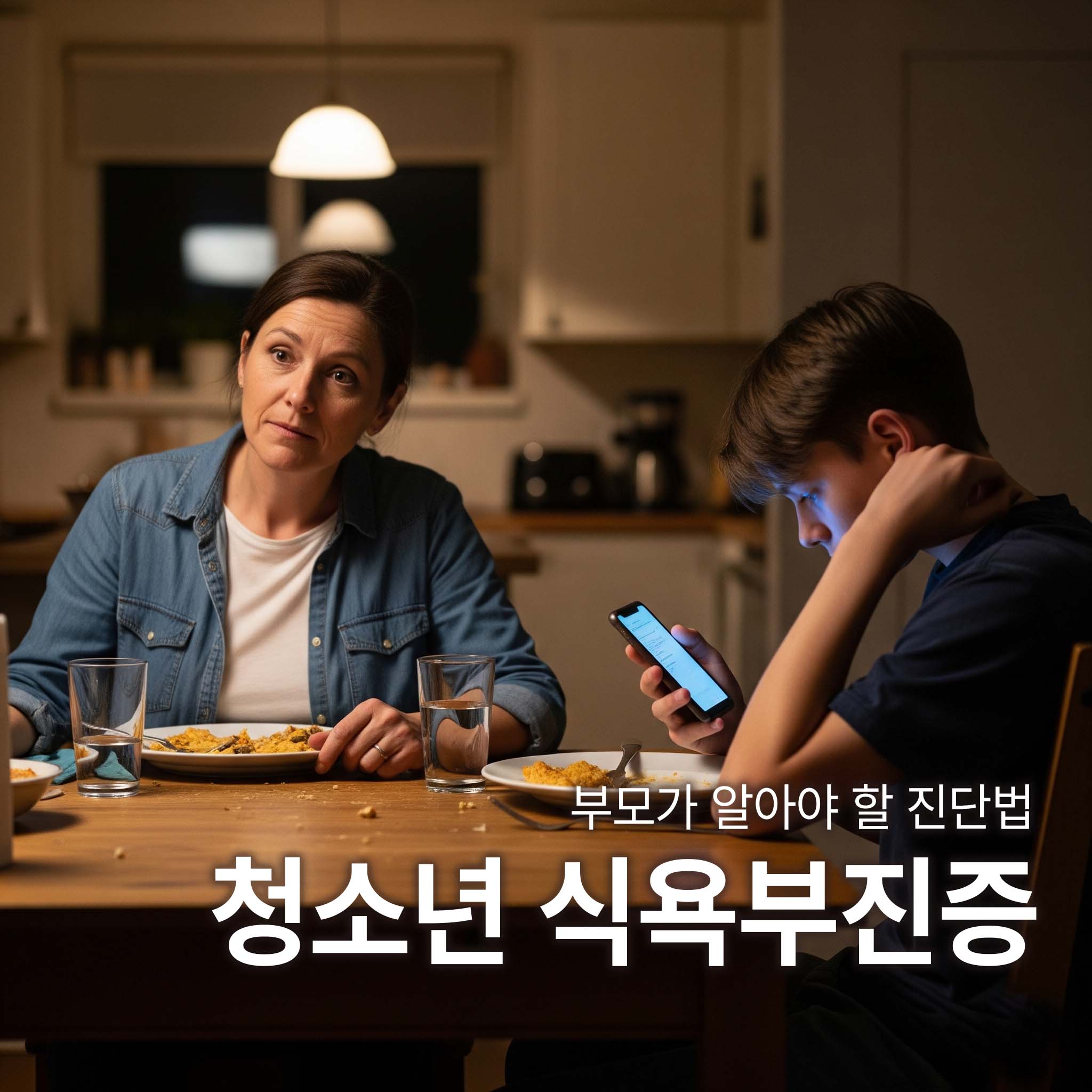 식욕부진증으로 식사를 거부하는 청소년과 옆에서 함께 식사하려 하는 부모사진