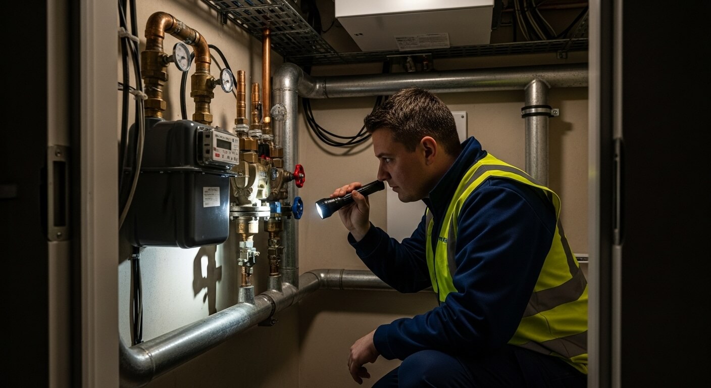 가스 설비를 손전등으로 점검하는 작업자