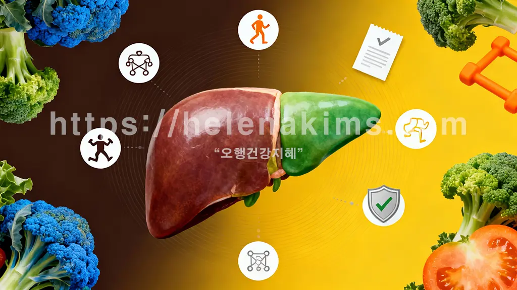 어둡고 답답한 지방간 상태의 간 이미지가 밝고 활기찬 건강한 간으로 변화하는 그라데이션 이미지. 주변에는 신선한 채소, 운동 아이콘이 있는 이미지.