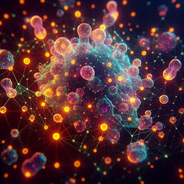 &ldquo;주황색과 푸른 빛으로 표현된 세포들이 네트워크처럼 연결된 디지털 아트. 세포 간 소통과 에너지를 상징한다.&rdquo;