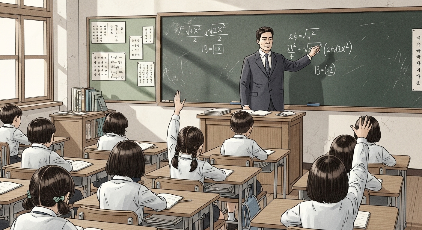 1970년대 한국의 주입식 교육 교실 풍경. 남교사가 칠판에 판서하고 학생들이 일렬로 앉아 집중해서 필기하는 모습.