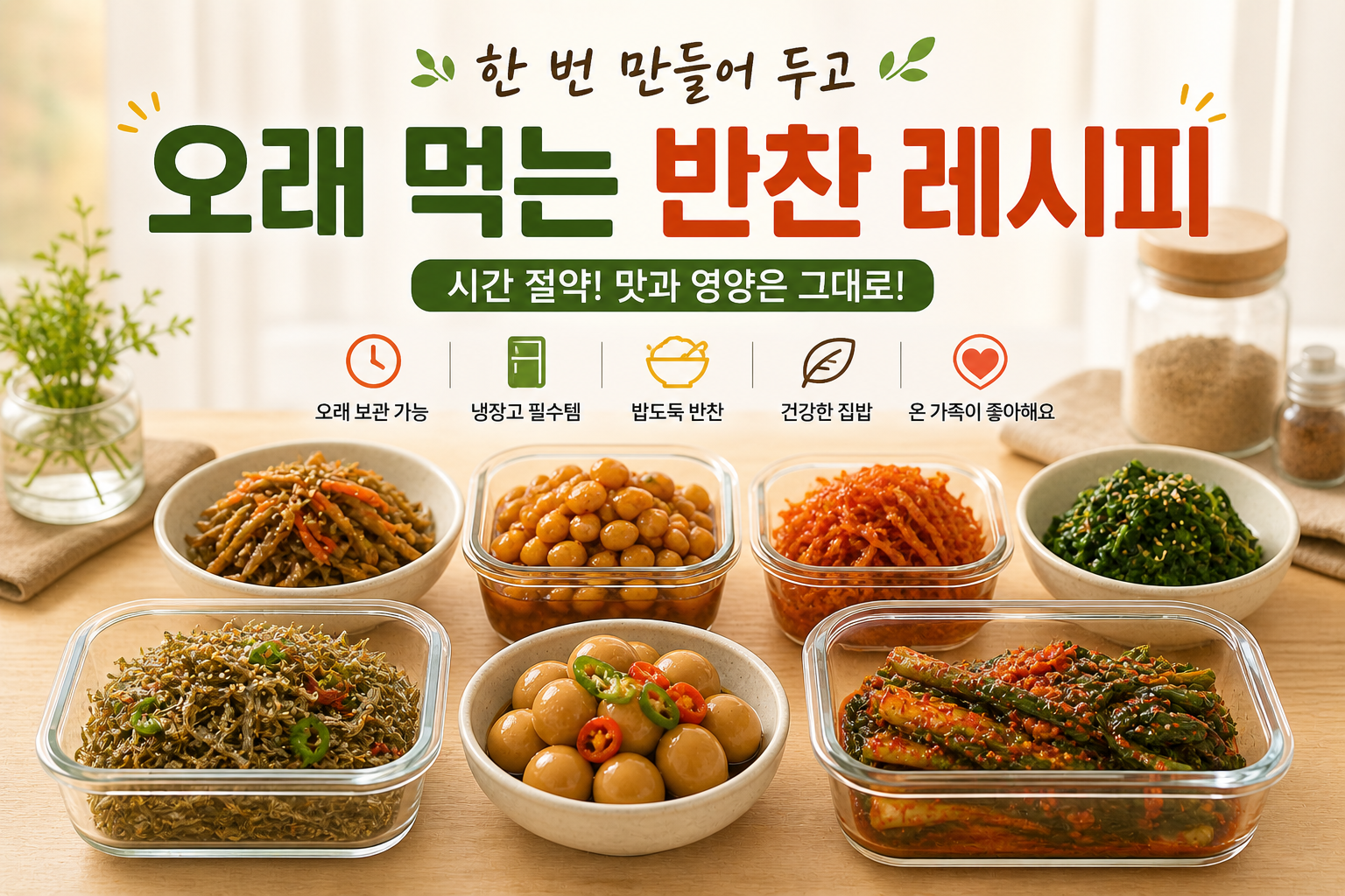 오래 먹는 반찬, 고등어조림, 콩나물무침, 마늘장아찌, 된장찌개, 볶음김치