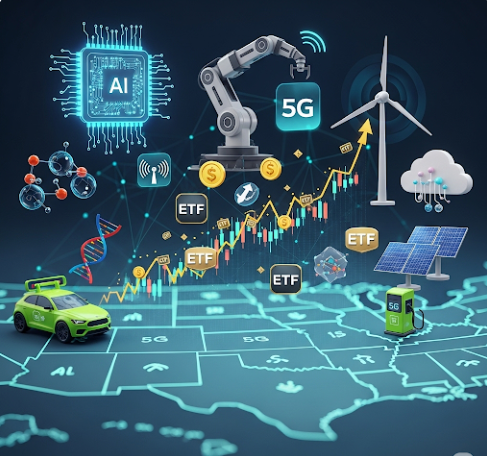 미국 지도가 보이는 배경 위로 AI 칩, 로봇 팔, 풍력 터빈 등 혁신 기술을 상징하는 아이콘들이 떠다니는 모습. 미국 시장의 기술 혁신과 ETF 투자의 연관성을 나타낸다.