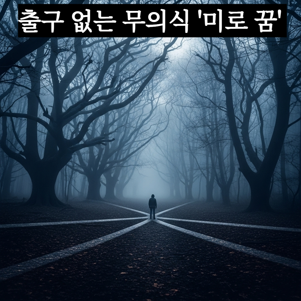 짙은 안개가 깔린 미로 같은 숲속에서 길을 잃고 망연자실하게 서 있는 한 사람의 뒷모습과 기괴하게 뒤틀린 나무들의 풍경